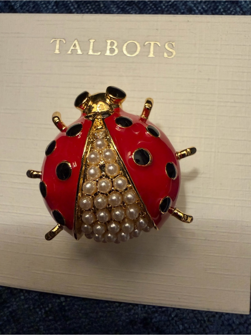 Talbots Red and Black Enamel Ladybug Pin with Faux Pearls